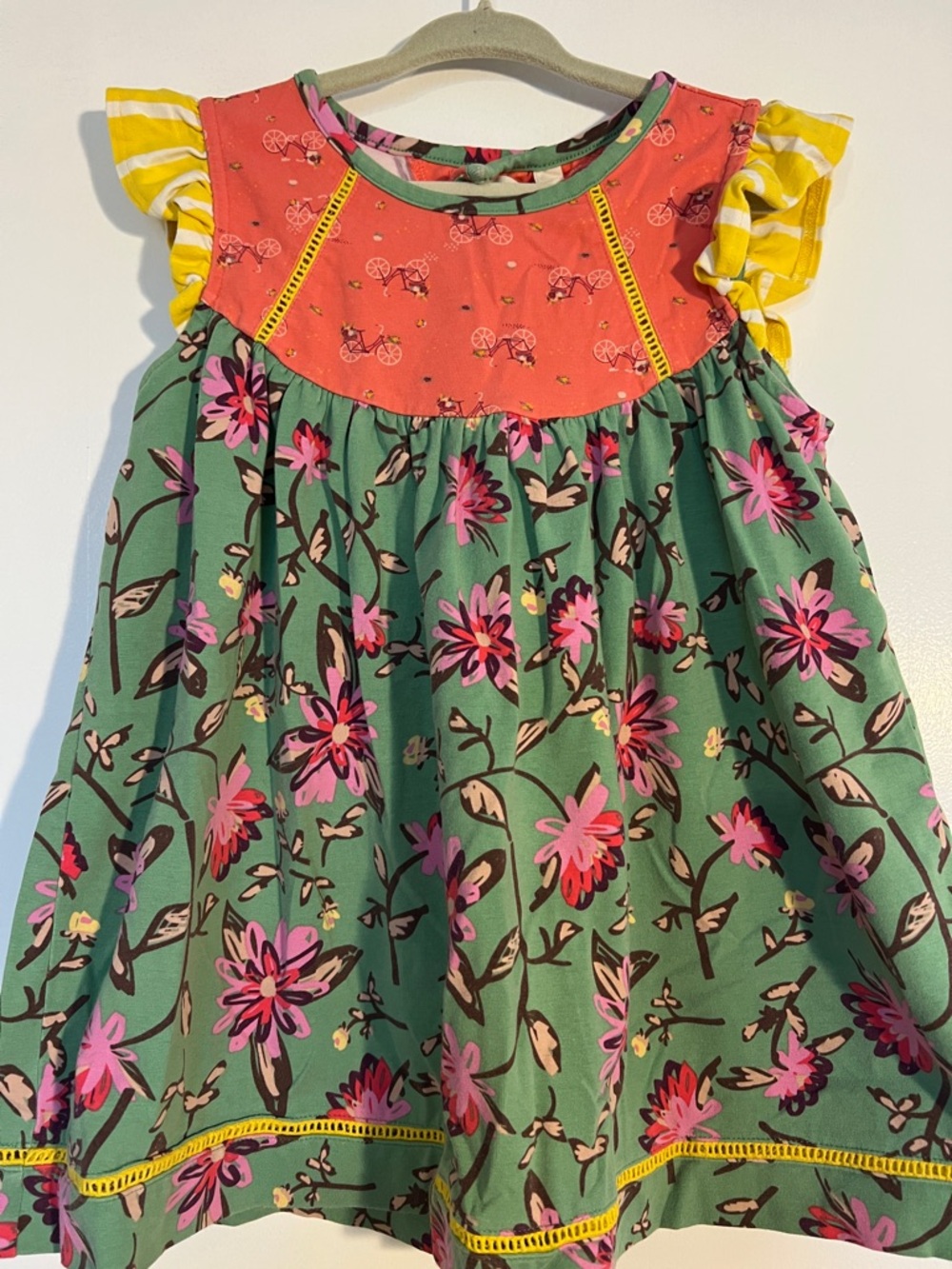 Matilda Jane Green Floral Dress with Pink Flowers & Yellow Ruffle Sleeves